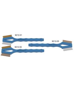 Toothbrush-Style Cleaning Brushes, double-headed, sturdy plastic handle designed w/ hand grips. nylon, brass or stainless steel bristles. overall brush length 7-1/4" x 2-1/8" (l x w). brush face is 1-3/8" x 5/16"