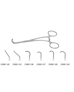Castaneda Clamp, curved shanks, long thin jaw, calibrated jaws, horizontal serrations, 6" (15.0 cm)